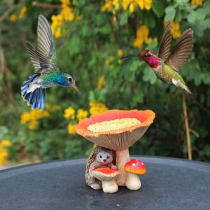 OUTOPEN Resin Hedgehog Mushroom Feeder Bowl Creative Waterproof Bird Feederc Yard Ornament Decorative Art Statue Outdoor