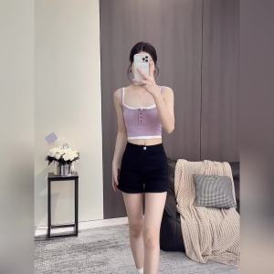 AMMIN Celana Pendek Denim ขาตรงเอวสูงมีกระดุมสำหรับผู้หญิงกางเกงขาสั้นสวยหรูทรงเอสีพื้นสำหรับฤดูร้อน2024