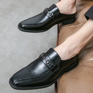 Fashion New Men Black Half Slippers Loafers Male Casual Black Metal Button Mules Moccasins Breathable Driving Shoes