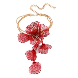 LEKGAVD Alloy Exaggerated Flower Necklace Luxury Rhinestone Floral Tassel Necklace Elegant Fresh Cutout Flower Neck Pendant Women