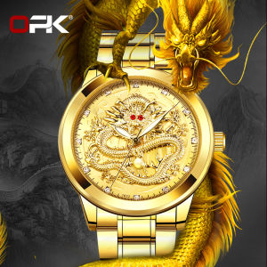 【Hot on Sale 】opk dragon watch for men buy 1 take 1 freebie chain necklace for men original waterproof cool stainless steel casual business quartz gold watch/relo for men