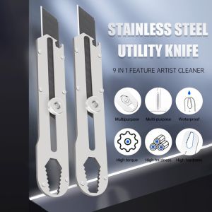 Cutter Stainless 9-In-1/Pisau Serbaguna Baja Tahan Karat/Pemotong Kertas Kunci Pas Tajam
