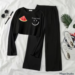 1 Set Baju Crop Oversized Dan Celana Kulot Untuk Remaja Motif Orang Baik