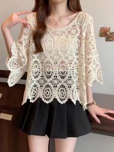 Plus Size Knitted Sweater Womens Summer New Style Outerwear Loose Overhead Hollow Out Matching Sun Protection Top