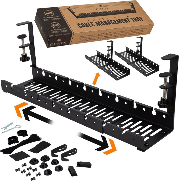 No Drill Under Desk Cable Management Tray - Extendable 16" to 31 ...