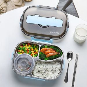 304 Stainless Steel Lunch Box 1300ml + 200ml Bowl 4 Compartment Keep Warm Lunch Box Bento Box With Spoon & Chopstick 大号4格不锈钢带汤碗便当盒/饭盒