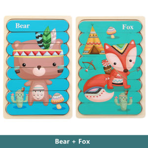 Wooden Kids Montessori Toys 2 in 1 Double Sided Stacking 3D Jigsaw Puzzle Blocks