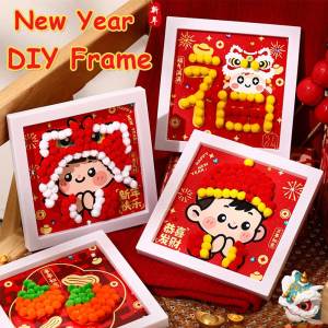 DIY New Year Photo Frame Kit Happy New Year Spring Festival 3D Frame with Hair Ball Texture Painting Craft Material Package