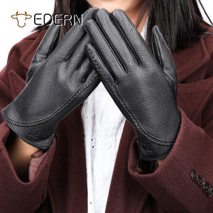 EDERN Winter Deerskin Gloves for Men Women Thermal Fleece Gloves Retro Fashion Genuine Leather Gloves Touch Screen Windproof Outdoor Gloves