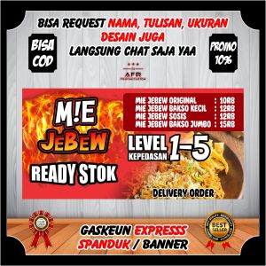 ( Bisa Cod ) Spanduk Banner Backdrop MIE JEBEW VIRAL JELETOT PEDAS ukuran 150x60cm Free Desain
