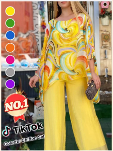 Ladies Casual Printed Round Neck Colorful Chiffon Suit Two-piece Set