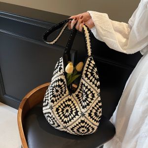 SOTOP กระเป๋าสะพายไหล่แบบสั้น กระเป๋าถักนิตติ้ง โหลออก โบฮีเมียน กระเป๋าสานทอ วินเทจ จุได้มาก กระเป๋าโท้ทโครเชต์ สาวๆ