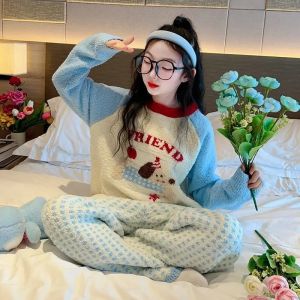Girls Flannel Pajamas Coral Velvet Thermal Sleepwear Set for 6-12 Years Girls Long Sleeve Warmth Design with Cartoon Print2026