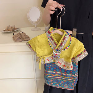 Girls Summer Retro Dai Ethnic Style suit Little Girls Printed Skirt Lace-Up Top suit