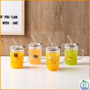 450ml Cartoon Animal -/Cute Baby Snacksss Child Glass Mug Milk Cup with Cover and Lid Kids Breakfast Cup/Gift