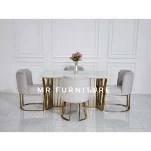 Set Meja Makan Top Marmer Putih Carrara Stainles Gold
