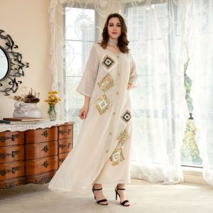 Eid Abaya Sequins Ramadan Linen beaded embroidered Muslim Hijab Long Dress Islamic Clothing African Dresses For Women Robe Musulmane Djellaba Femme