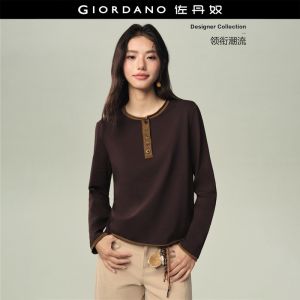 GIORDANO Women T-Shirts Contrast Rolled Edge Cotton Tee Henley Neck Long Sleeve Fashionable Casual Regular T-Shirts 18326633