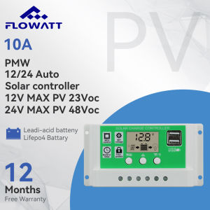 Flowatt 10A PWM Solar Charge Controller 12V 24V Auto With Dual USB Output port Support Lithium Battery Activation