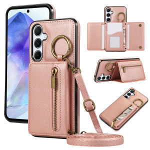 For Samsung Galaxy S24 Ultra A55 A57 A56 S23 FE S22+ S26 Ultra S26 FE Note20 Case Wallet Credit Card Holder 360°Rotating Ring Kickstand Crossbody Case with Strap Shoulder Lanyard Zipper Pocket PU Leather Case Magne Closure Cover
