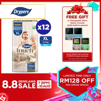 Drypers Touch Pants Baby Pants Diapers M44/ L38/ XL34/ XXL30 (12 Packs) - Super Soft & 12hr Dryness