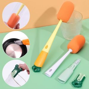 3 in1 Multipurpose Carrot Long Handle Cup Washing Brush High Density Sponge Bottle Brushes Deeply Remove Dirt