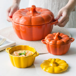 Exquisite Ceramic Pumpkin Bowl Handle Salad Fruit Soup Lid Bowl Home Kitchen Microwave Oven With Lid Decorative Tableware