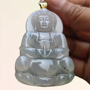 Premium High Quality Natural Type A Jadeite Jade crafted as seating Guanyin set with 18k gold clasp as Pendant Certificate weighs 21.43 grams measurement 59.1 * 35.6 * 6.1 mm (18kp54)