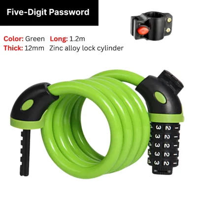 5-Digit Bicycle Lock 1.2m –Combination Lock Anti-Theft Steel Cable PVC Coating Zinc Alloy Head