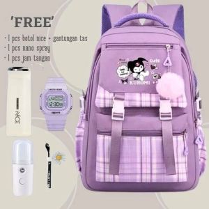 Tas Ransel Sekolah Anak Perempuan KUROMI 5IN1 Bags PAKETAN FREE 4pcs BOTOL JAM TANGAN NANO SPRAY GANTUNGAN Tas Sekolah Sanrio Korean Style Fashion Ransel Anak Karakter Tas Cinnamoroll Tas Kuromi Melody Tas Sekolah Anak Perempuan SD SMP SMA Kuliah Remaja