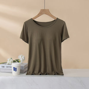 Womens Round Neck Modal T-shirt Tops Chest Pad One-Piece Bra Cup Summer Slim T-shirt Basic Shirts Home wear Women pajamas