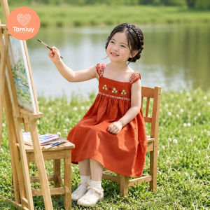 TAMIUY( BST MỘC) - Đầm Bé Gái Tamiuy Linen Cổ Vuông Tay Bèo Thêu Hoa Cỏ