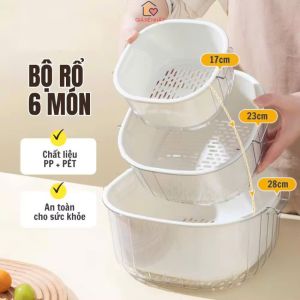Bộ Rộ Nhựa 6 Món Kèm Thau Rửa Ráo Nước Cao Cấp Rổ 2 Lớp Nựa Mika và PP Thoát Nước Nhanh  Dung Tích 1.2L- 2.5L- 4.5L