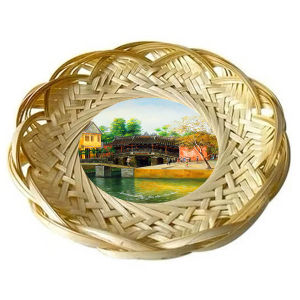 Đĩa tre mẹt tre trang trí đan cánh hoa sen in tranh vẽ tay phong cảnh quê hương Việt Nam quà lưu niệm thủ công mỹ nghệ