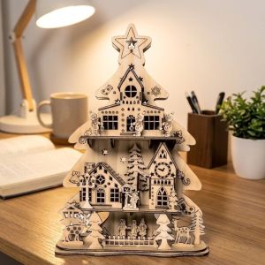 YERZ Reindeer Christmas 3D Wooden Puzzle Material Packages Handmade  Assembly Christmas Treehouse Model Kit  Ornaments Snowman DIY Christmas Cottage Toy Christmas