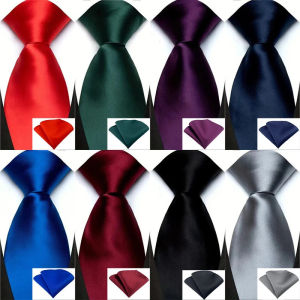 Solid Green Red Black Blue Purple Satin 8cm Men Tie Set Handkerchief Necktie Set Wedding Party Accessories Gift for Husband