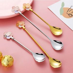 ZYJC 304 Stainless Steel Coffee Dessert Spoon Long Handle Cherry Blossoms Tea Spoon Christmas Gifts Silver Espresso Spoon Coffee