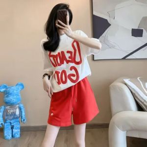 Summer Letter Printed Short Sleeved Sports Korean Version Versatile Running Womens Set Casual Fashion Loose Shorts Two-piece Set