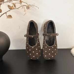 Free Shipping Polka Dot Velvet-Lined Shoes 2026 Autumn/Winter Collection Soft-Soled Non-Slip Flat Single-Strap Retro Style Warm Shoes