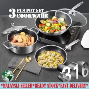 316 Stainless Steel Cookware 3 PCS Set Wok Pan Soup Pot Honey Comb Cooking Set