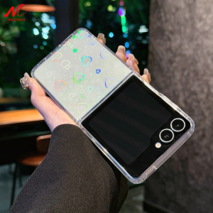 Luxury Love Heart Glitter Clear Case for Samsung Galaxy Z Flip 7 6 5 zflip 3 4 Flip7 Aurora Gradient Bling Transparent Cover