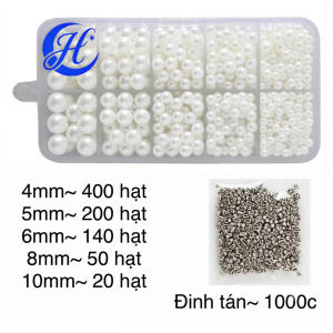 Combo hạt ngọc nhựa không lỗ nhiều size 4-10mm khoảng 810 hạt kèm 1000 đinh tán đính hạt cườm áo giày handmade