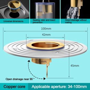 YOUTH HOME Fast Drainage Sink Strainer Floor Drain Backflow Preventer 34-100mm Dia Hole Shower Floor Drain Versatile Clogging Hair Catcher Anti-odor Dectable Sink Strainer Toilet