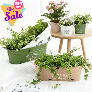 Loose COD กระถางดอกไม้ กระป๋องสังกะสี สไตล์วินเทจ รูปไข่และวงกลม พร้อมที่จับ ตกแต่งบ้าน กระถางดอกไม้เหล็ก