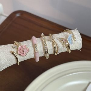 XYAX(XUNJIE) Open Ring Pink Flower Ring Geometric Korean Style Pearls Finger Ring Cute Alloy Butterfly Enamel Ring Women
