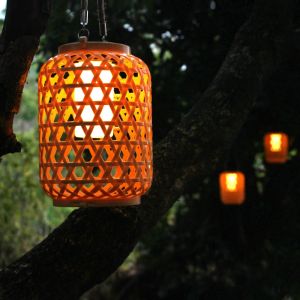 Solar Hanging Lantern Imitation Bamboo Lantern Outdoor Waterproof Plastic Rattan Lantern Courtyard Decoration Garden Light