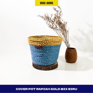HUGeARNS - Cover Pot Anyaman Rapiah Gold Mix Biru / Cover Pot Ayaman / Cover Pot Rapiah Kombinasi Anyaman Pot / Cover Vas Bunga Hias Cover Pot Bunga Anyaman Tali Rapiah Kombinasi / Cover Pot Anyaman Natural Rapiah Ramah Lingkungan / Anyaman Jogja