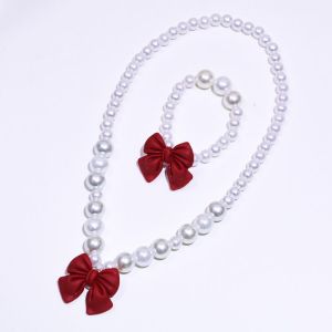 JJT Cute Pearl Necklace Set with Big Bow for Girls Elegant Childrens Jewelry Accessory