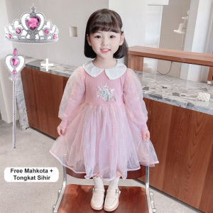 LNR Shop FREE MAHKOTA + TONGKAT SIHIR Gaun Dress Anak Perempuan Motif Frozen Dengan Kerah Lengan Panjang Rok Tutu Dua Layer Birthday Party Gaun Pesta Ulang Tahun Princess Bahan Cotton Halus Tangan Ruffle Dress Natal Lebaran Hari Raya Idul Fitri Imlek