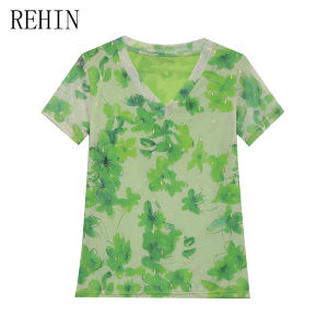 REHIN Summer Fashion Mesh green leaves Printing Short Sleeve T-shirt V-neck Slim Fit Elegant Womens top